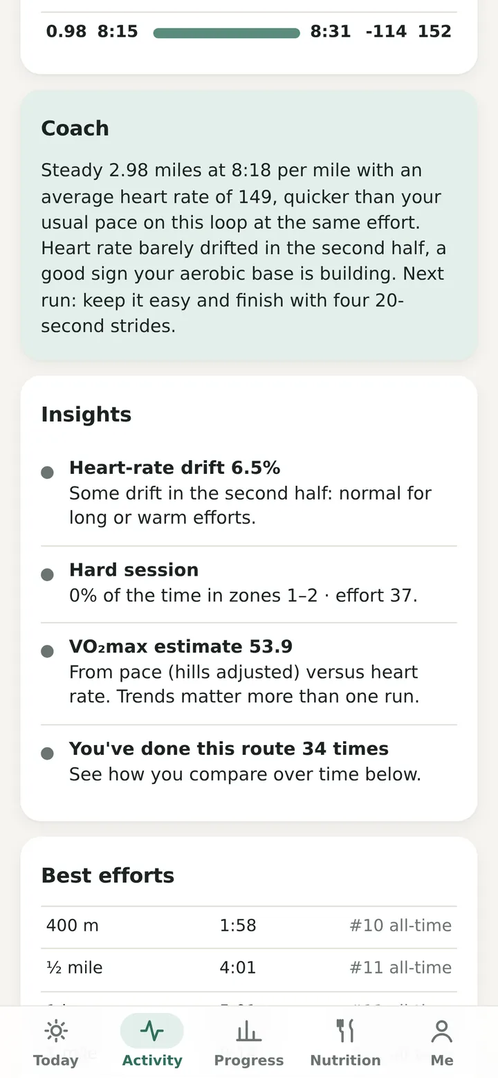 An AI coach note on a 2.98 mile run: pace, heart rate, what it means and what to do next
