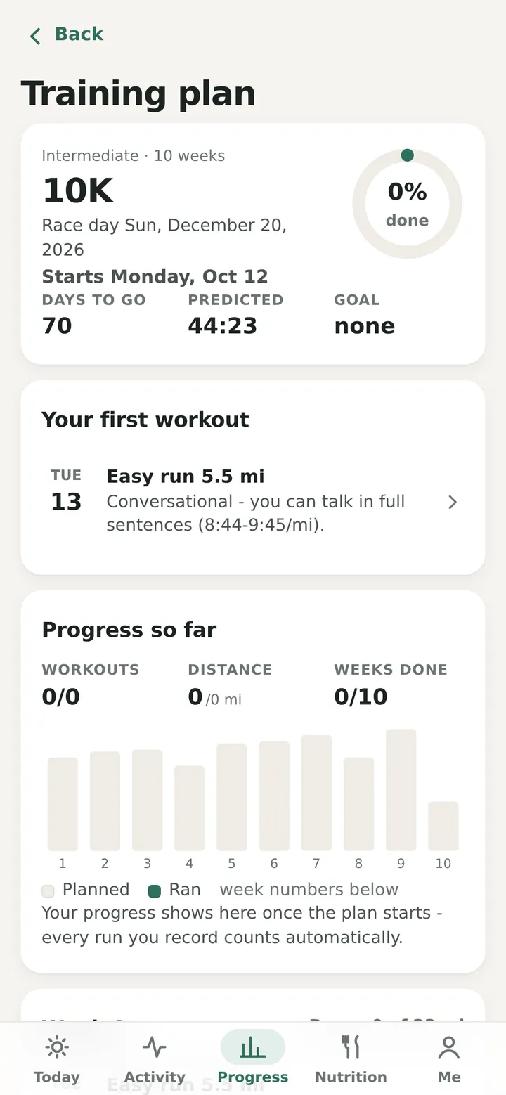 A 10-week intermediate 10K training plan with the first workout and progress so far